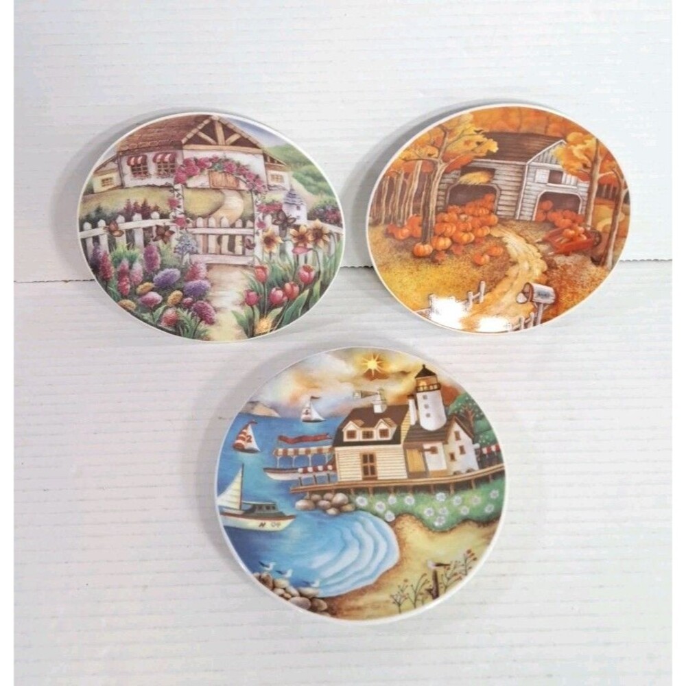 Lot of 3 Decorative 6" Plates Folk Art Country Kitchen Wall Hanging Decor Set